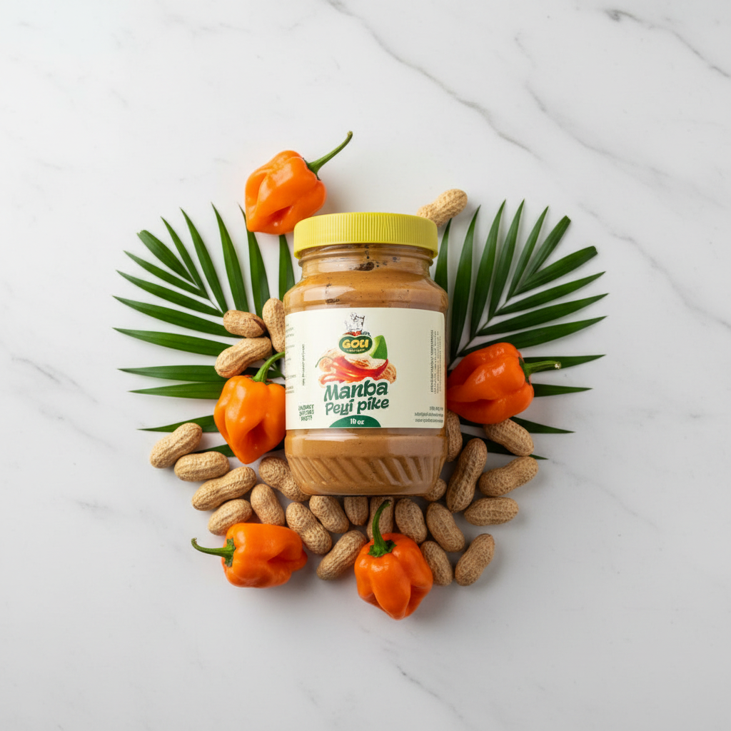 Manba Peyi Pike flat lay with peanuts and peppers