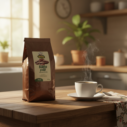 Kafe Peyi Haitian Coffee package on a breakfast table with a cup of coffee