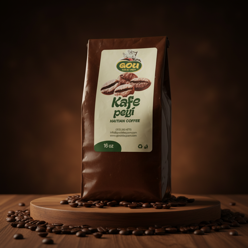 Kafe Peyi Haitian Coffee package styled with roasted coffee beans