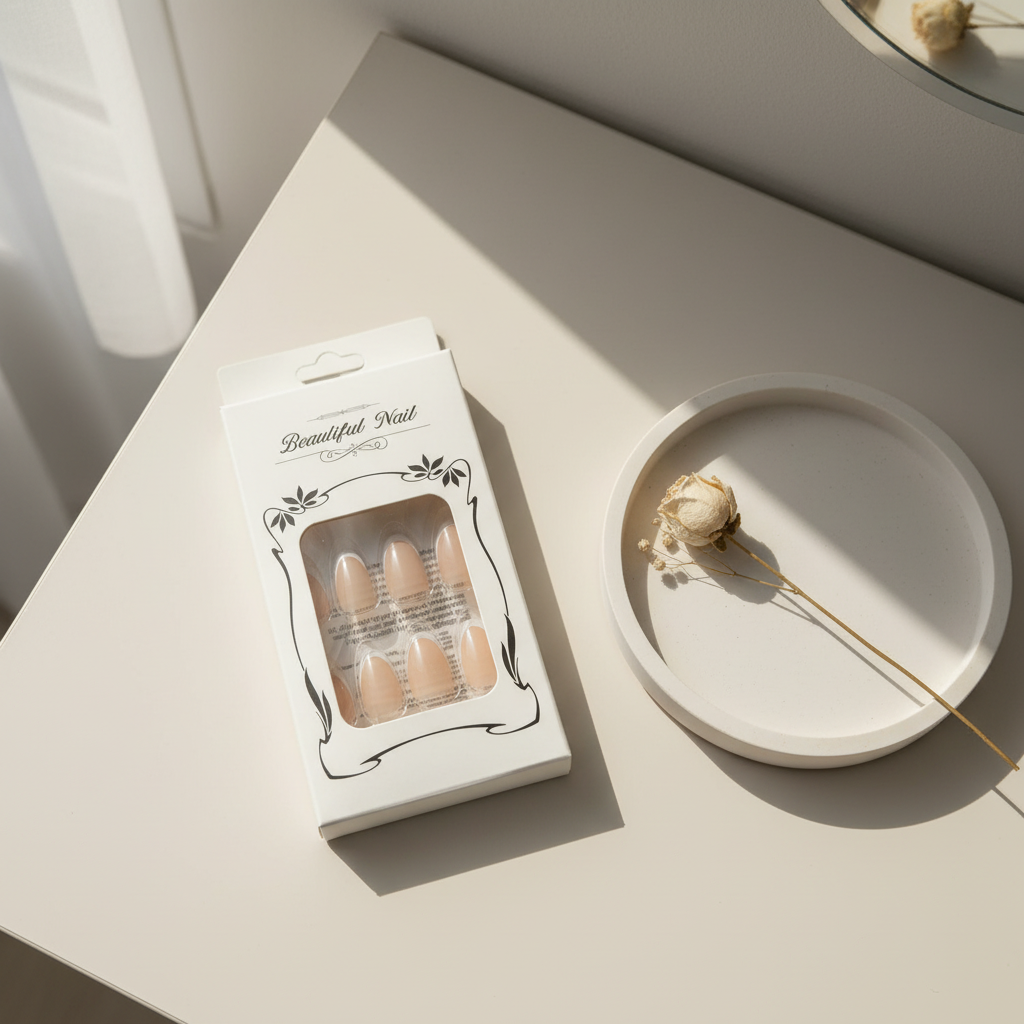 Packaged nude press-on nail set on a minimal vanity surface