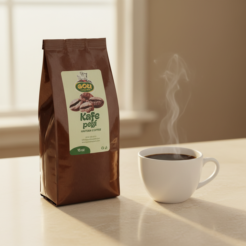 Kafe Peyi Haitian Coffee package beside a cup of black coffee