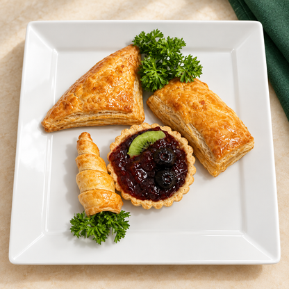 Mixed pastry assortment for presentation only; tart and cone pastry are not included in the chicken patty dozen