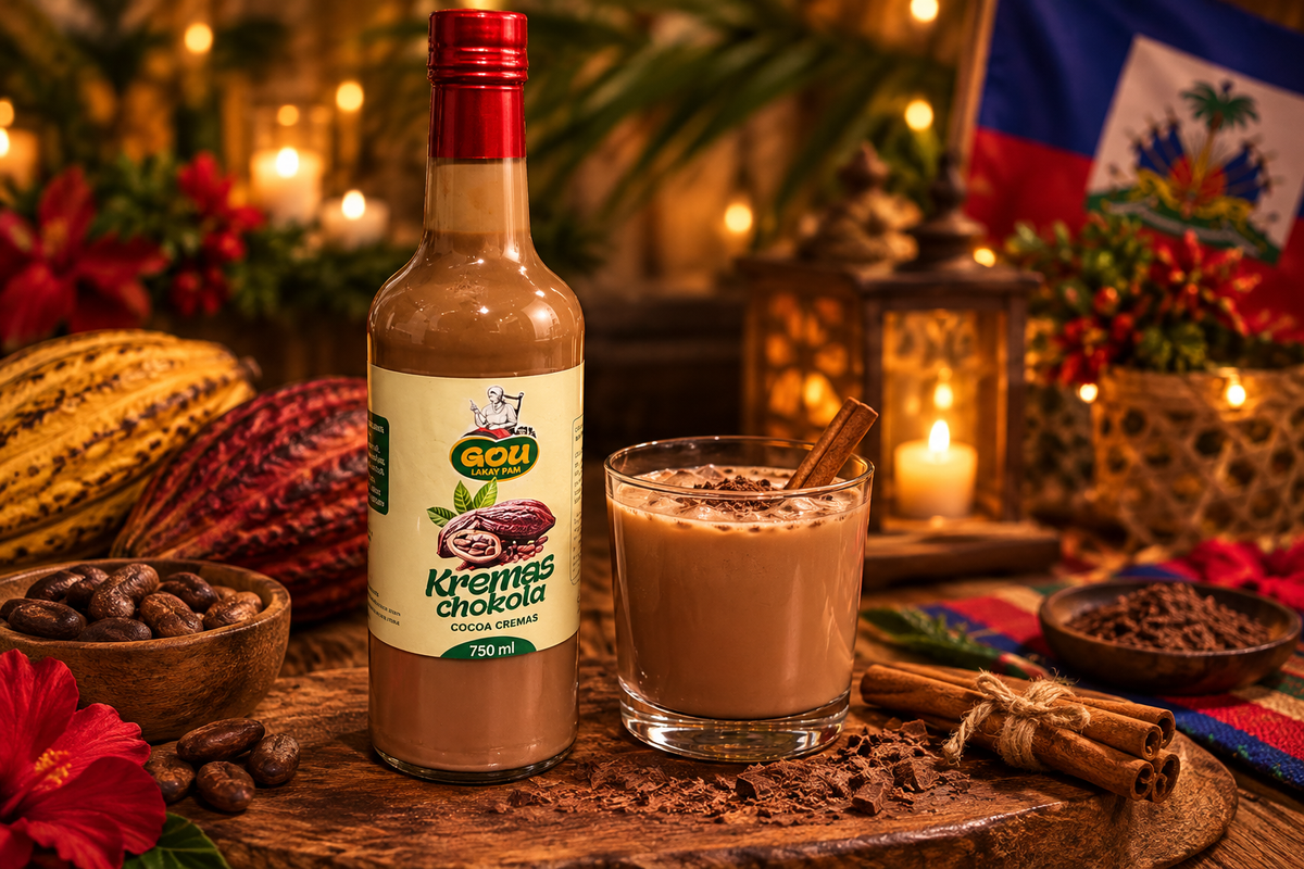 Kremas Chokola poured into a glass with cacao pods