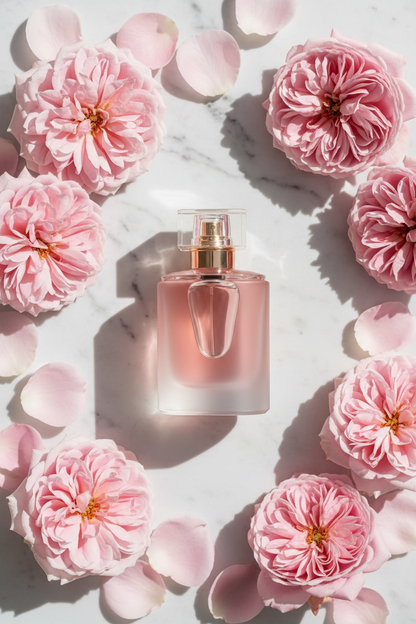 6PM Pink - Bottle with roses flat lay