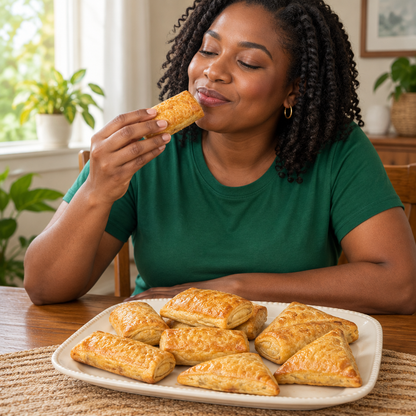 Promotional lifestyle illustration of a person enjoying a Haitian chicken patty