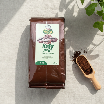 Kafe Peyi Haitian Coffee package in a bright natural setting