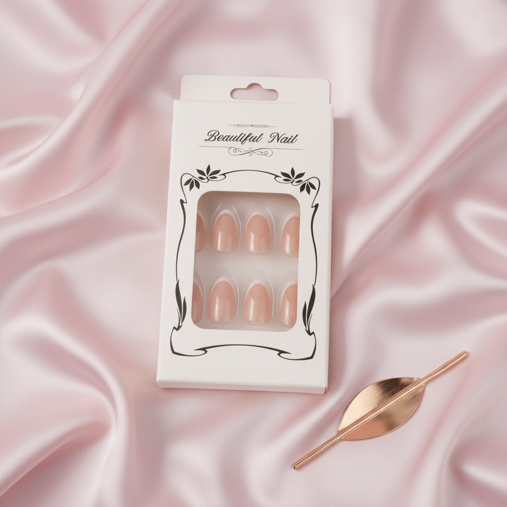 Packaged nude press-on nail set styled on blush satin