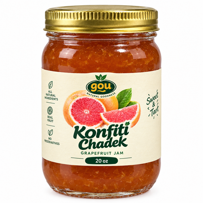 Konfiti Chadek jar label close-up, Haitian grapefruit jam
