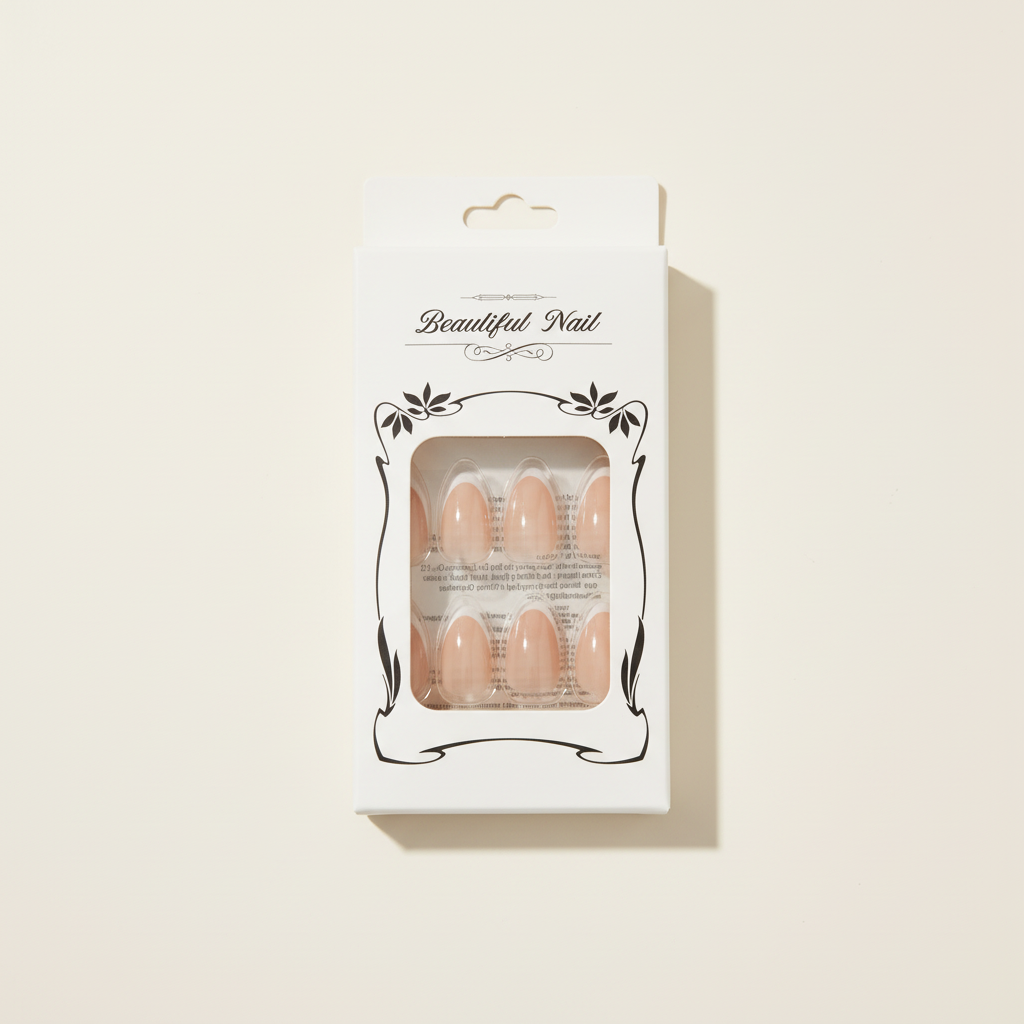 Packaged glossy nude press-on nail set on a clean studio background