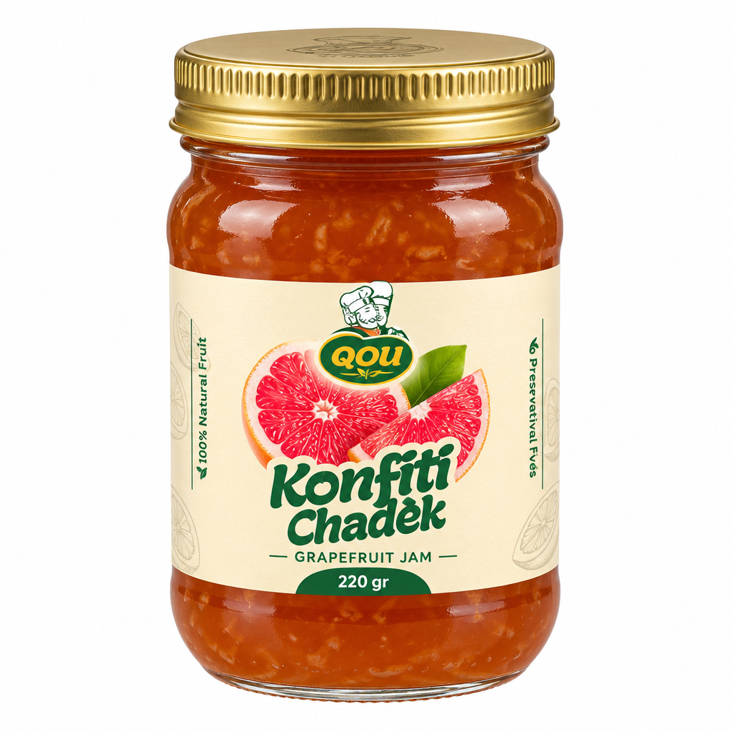 Konfiti Chadek jar, front view, Haitian grapefruit jam